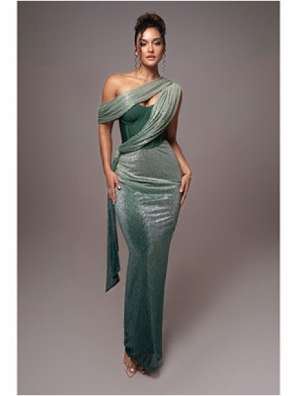 JLUXLABEL Emerald One-Shoulder Draped Evening Gown